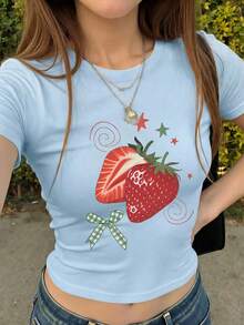 Women's Strawberry Bow Print Short Sleeve Light Blue Top Set, Cute & Fitted Baby Tee, Round Neck Casual Blouse For Daily Wear Summer, Aesthetic - Baby Blue - View 4
