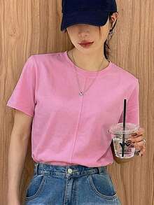 Camiseta de mujer de manga corta de unicolor con decoración de línea dividida y ajuste holgado de cuello redondo para el verano, tops casuales de negocios y estilo universitario para mujeres - Rosa - Ver 1