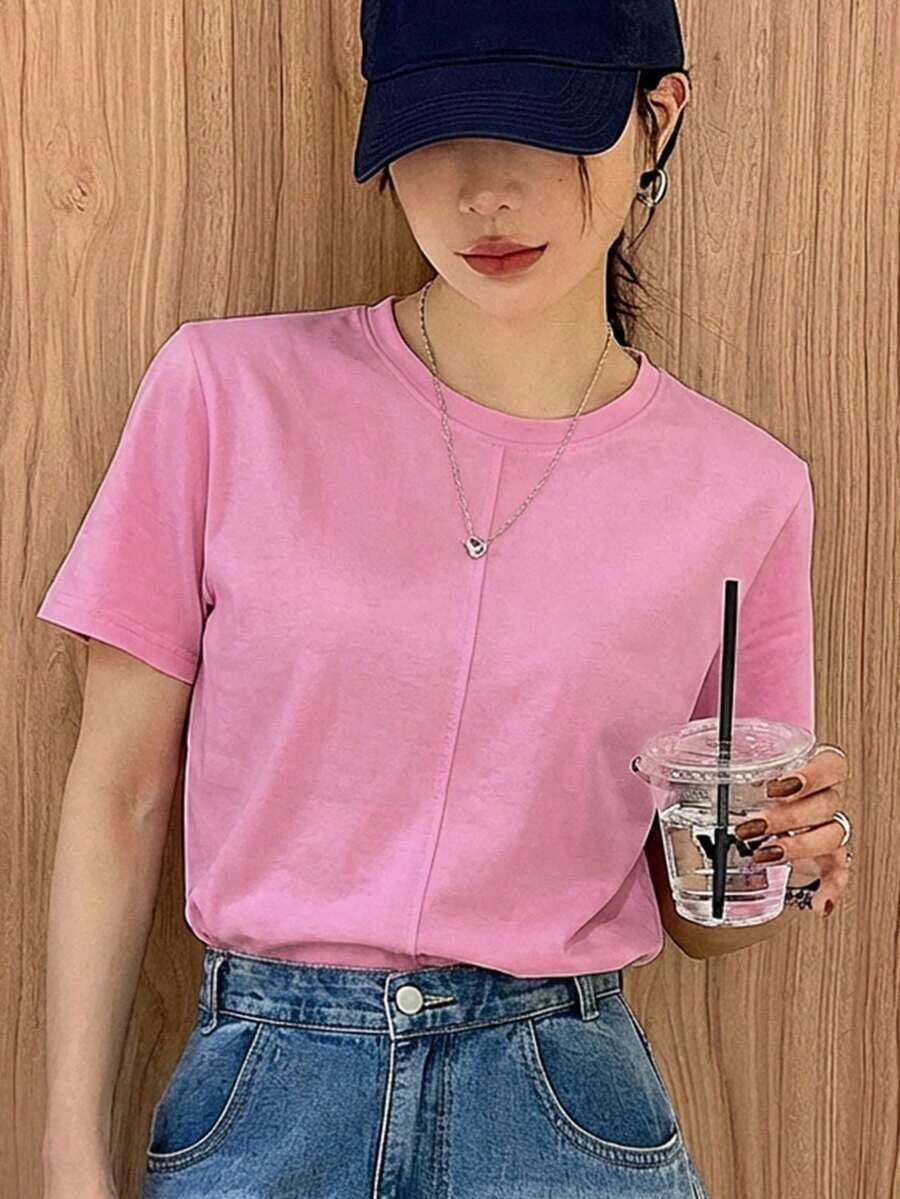 Camiseta de mujer de manga corta de unicolor con decoración de línea dividida y ajuste holgado de cuello redondo para el verano, tops casuales de negocios y estilo universitario para mujeres - Rosa - Ver 1