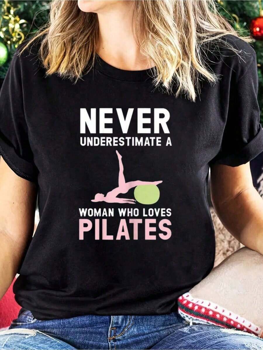 Women's Cotton Casual Crew Neck T-Shirt, % Cotton, With "Never Underestimate A Woman Who Pilates" Print, Geometric Applique, Short Sleeve, Regular Length. Lightweight And Soft For Spring And Summer. - 黑色 - 查看 1