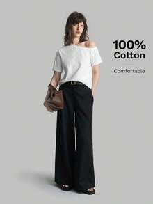 Camiseta de mujer de manga corta y hombro asimétrico, primavera/verano 2026.Camiseta casual urbana elegante con cuello asimétrico, adecuada para oficina, maestros, invitados de boda, vacaciones, casual de negocios, versátil - Blanco - Ver 8
