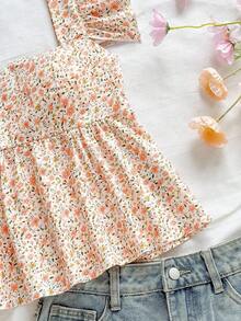 estilo babydoll holgado de cuello cuadrado para mujer "WYWH Vacation" - Top estilo babydoll de cuello cuadrado con estampado floral azul y mangas con volantes - Multicolor 3 - Ver 6