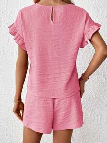 Conjunto de 2 piezas para mujer: Top de manga corta y shorts de cintura elástica - Rosa - Ver 2