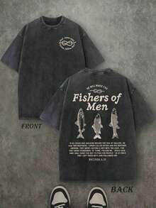 Camiseta Retro Lavada con Estampado a Doble Cara (Camiseta de 230 g de Algodón Puro) con Estampado de Letras y Peces 'Fishers Of Men', Camiseta para Hombre, Casual, Cómoda, a la Moda, Estilo Urbano de Algodón - Negro - Ver 9