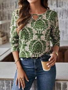 Camisa casual de mujer con estampado total y cuello calado - Verde Oscuro - Ver 4