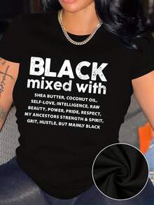 Camiseta de manga corta para mujer con estampado de moda, holgada, casual, combinable con todo, para verano. - Negro - Ver 2