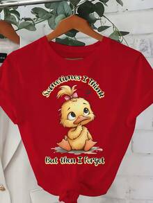 Women's Plus Size Casual Fashion T-Shirt 0-8XL - Modern Base Layer For Everyday Wear, All Seasons Comfortable Fit, Fun T-Shirt With Cute Duckling Design And Slogan "Sometimes I Overthink But Then I Forget" - Soft And Stretchy Fabric, Machine Washable, T-Shirt - [紅色的] - 查看 6