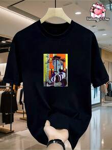 Men's Custom T-Shirt With A Picasso Portrait Print, Casual Sports T-Shirt, Suitable For Valentine's Day, Christmas, Easter, Independence Day - Unisex Cotton Loose Fit Short Sleeve Crew Neck Urban Vintage Style T-Shirt. - 黑色 - 查看 1