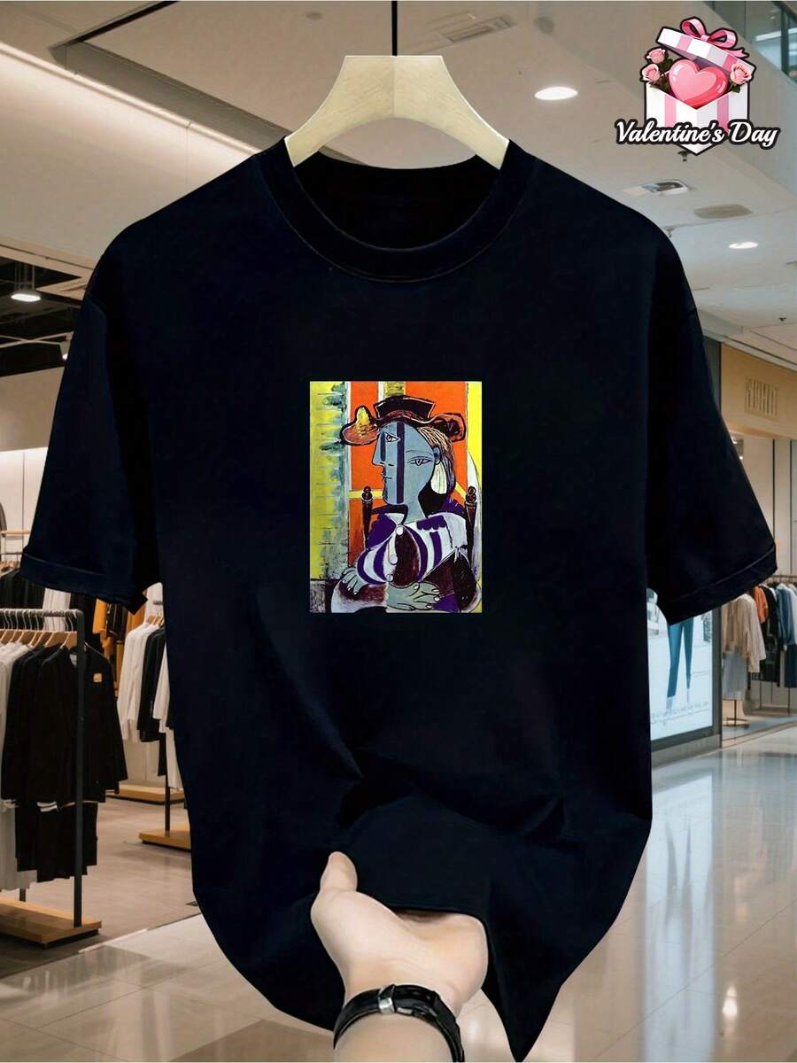 Men's Custom T-Shirt With A Picasso Portrait Print, Casual Sports T-Shirt, Suitable For Valentine's Day, Christmas, Easter, Independence Day - Unisex Cotton Loose Fit Short Sleeve Crew Neck Urban Vintage Style T-Shirt. - 黑色 - 查看 1