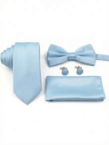 Set de 4 piezas para hombre de negocios con corbata de unicolor de poliéster, pajarita, pañuelo de bolsillo y gemelos, para bodas - Celeste - View 2