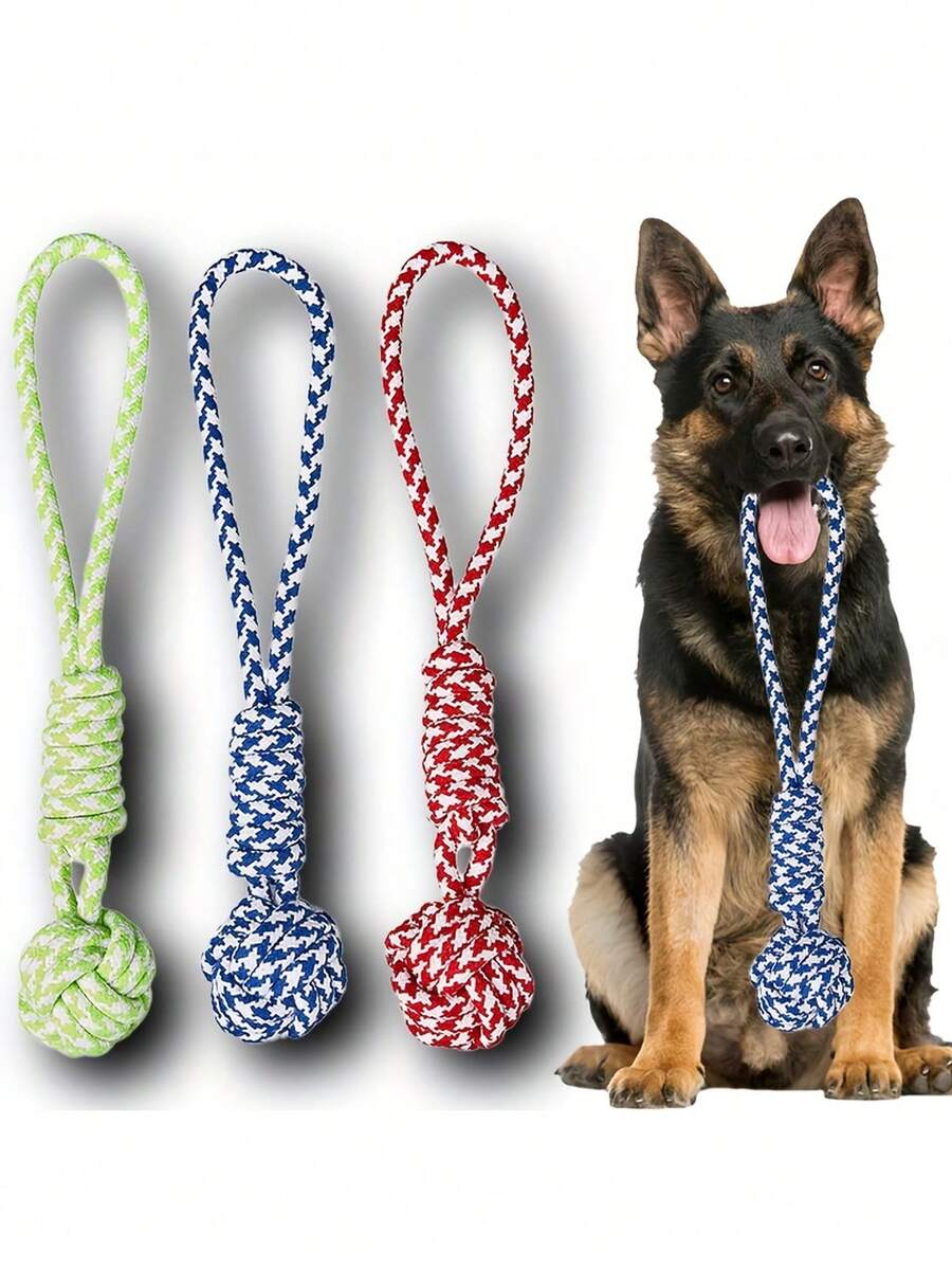 1 個耐用大型犬拉扯玩具 - 厚編織繩球配紅色條紋布套，耐咬互動拉扯玩具，寵物狗繩結玩具，耐用、磨牙、清潔牙齒、互動訓練、繩索玩具，中型至大型犬，緩解無聊、自我娛樂、寵物玩具、消耗體力、增強互動，寵物用品 - 彩色 - 查看 1