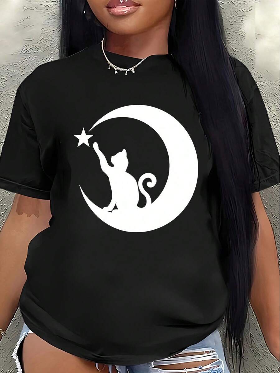 Polyester Short-Sleeved T-Shirt, Decorated With A Cat And Moon Design, Lightweight And Durable, Suitable For Home, Cafes, Or Casual Outdoor Wear. Women's Blouses > Clothing - 黑色 - 查看 1