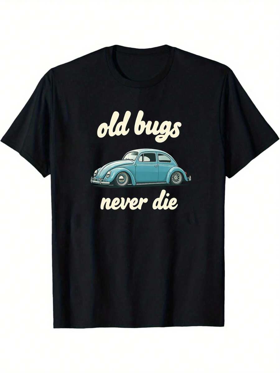 Men's T-Shirt With "Old Bugs Never Die" Print - Casual Short-Sleeved Crew Neck T-Shirt, Suitable For Summer Leisure, Loose Fit, Machine Washable, Comfortable To Wear, With The Iconic Name And Casual Style, Ideal For Parties Or Daily (Casual) Wear. - 黑色 - 查看 1