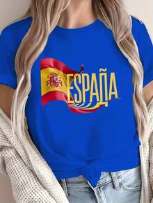 Camiseta de Algodón Puro para ujer con Estampado de la Bandera Española, CómodaTraje de fiesta elegante,T-shirt para damas elegantes,Blusas adecuadas para mujeres con curvas,Faldas de graduación,Ropa casual Estampado de animales adorables,Estampado de letras divertidas - Azul - Ver 7