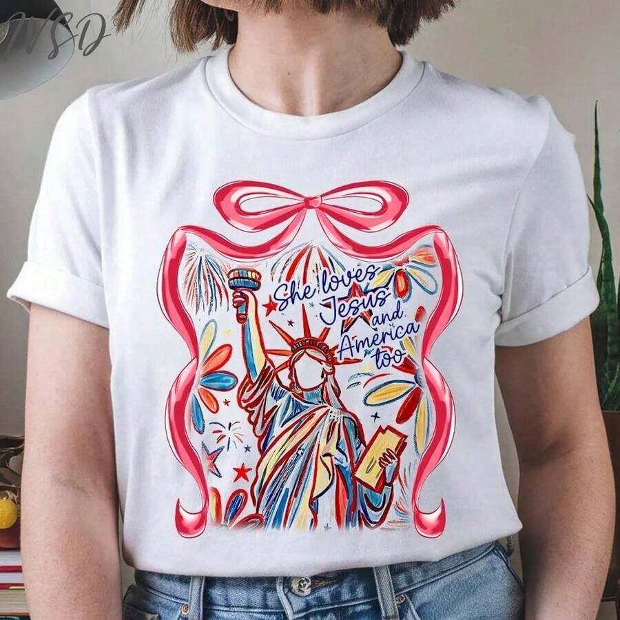 Women's T-Shirt, Oversized Y2K Style, With Christian Patriotic Graphic Print "She Loves Jesus And America Too", 4th Of July Print, Casual, Short Sleeve, Round Neck, Aesthetic, Coquette Style, Vintage Western. - 白色 - 查看 1