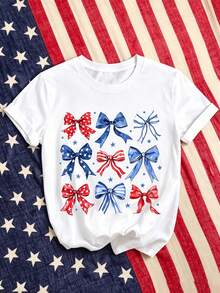 Teenage Girls' Cartoon American Flag Bow Print Round Neck T-Shirt, Casual Soft Top For Independence Day, Spring/Summer, Aesthetic - White - View 1