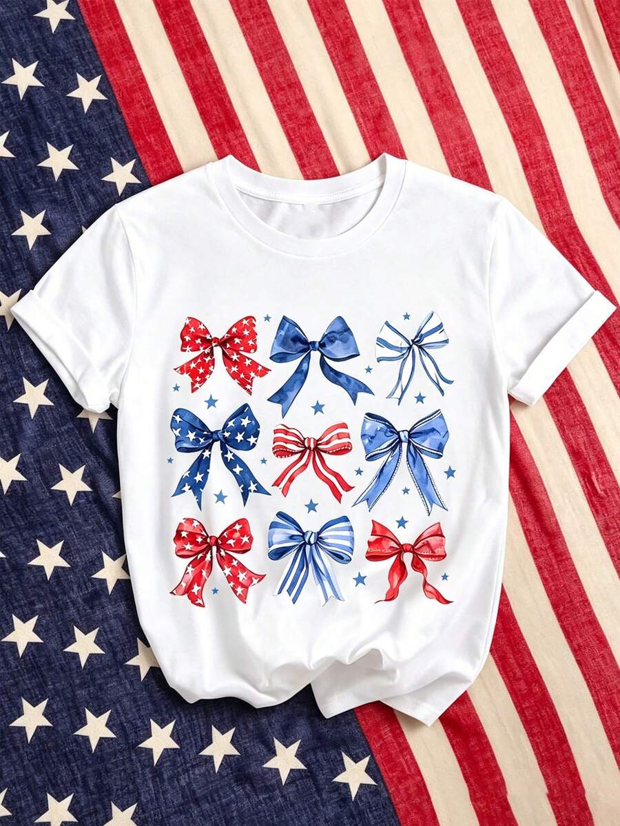 Teenage Girls' Cartoon American Flag Bow Print Round Neck T-Shirt, Casual Soft Top For Independence Day, Spring/Summer, Aesthetic - White - View 1