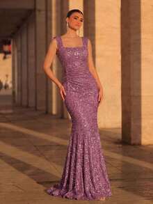 Women's Elegant Sleeveless Midi Cocktail Dress With Square Neck And Ruffle Hem For Wedding - 黑色 - 查看 3