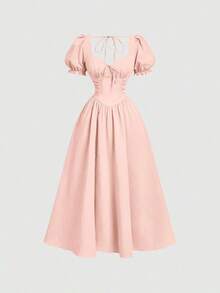 MOD Vestido elegante de longitud media con mangas cortas de pétalos y lazo delantero de unicolor para mujer - Gris - Ver 8