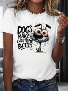 Cartoon Dog T-Shirt "Breathing Dogs Make Everything Better" For Women And Men, Casual Graphic Tee With Funny Dog Design And Inspirational Quote, Party And Holiday Wear 200mg, Women's Cotton T-Shirts, Premium Women's - 白色 - 查看 1