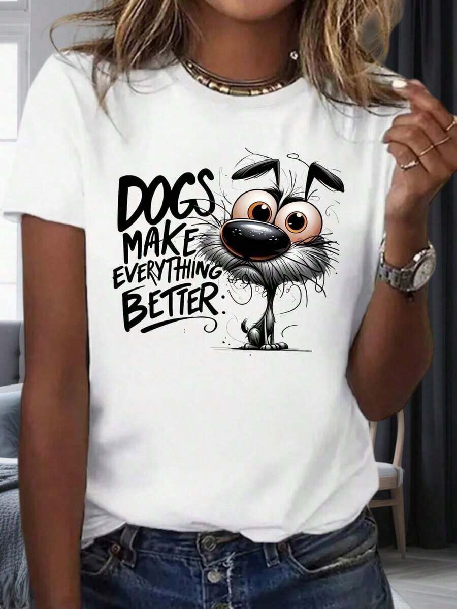 Cartoon Dog T-Shirt "Breathing Dogs Make Everything Better" For Women And Men, Casual Graphic Tee With Funny Dog Design And Inspirational Quote, Party And Holiday Wear 200mg, Women's Cotton T-Shirts, Premium Women's - 白色 - 查看 1