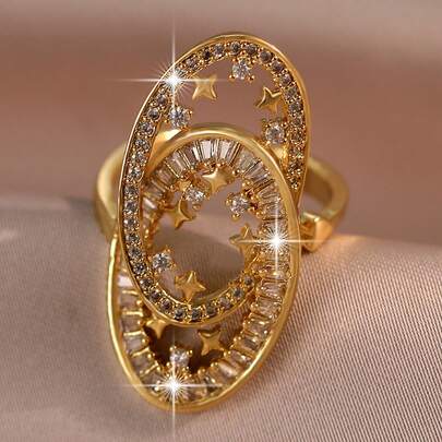 jealous young 1 pezzo Anello regolabile in oro placcato con doppio strato, zirconia cubica a forma di stella ovale, cristallo brillante, accessorio di gioielleria di lusso, regalo per lei