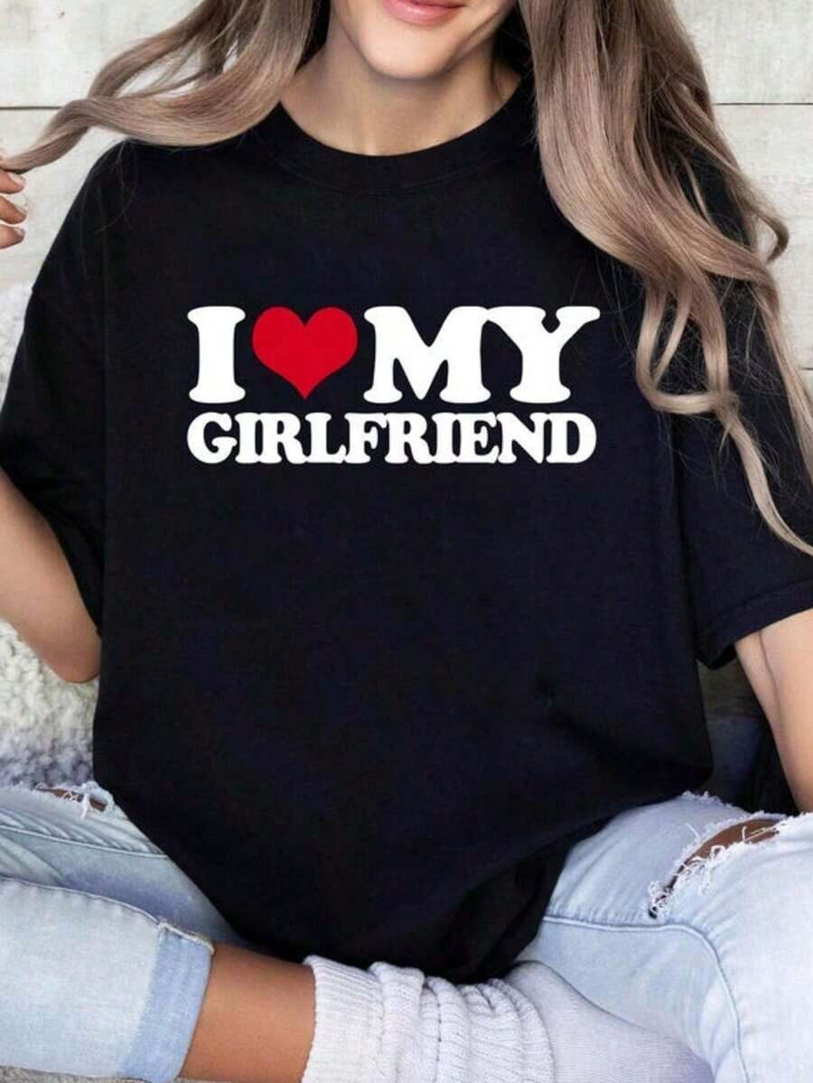 1 Piece Women's Love Print T-Shirt, Valentine's Day Print T-Shirt, Pink Heart T-Shirt, Love T-Shirt For Women, 180g, 100% Cotton - 黑色 4 - 查看 1