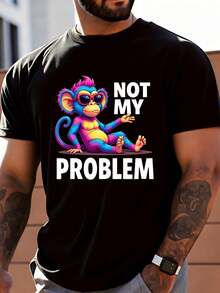 Men's Fashion Casual T-Shirt With Colorful Monkey Print, Sunglasses, And The Phrase "Not My Problem", Summer Casual Wear, Gift For Friends And Family - 黑色 - 查看 8