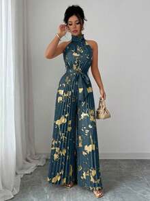 Mono de pierna ancha elegante y romántico con cuello de volantes sin mangas para mujer, ideal para Halloween - Niebla azul - Ver 3