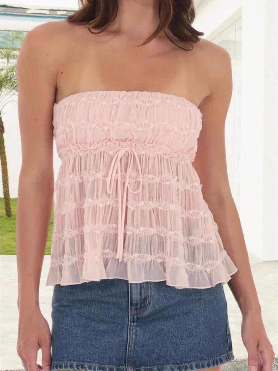 Women's Drawstring Ruched Tube Tops Solid Color Sleeveless Off Shoulder Babydoll Bandeau - Pink - View 1