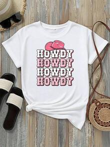 Camisa de Mujer Casual de Corte Holgado, Opciones en Blanco y Negro, Estampado de Sombrero de Vaquero HOWDY, Camisetas de Uso Diario de Verano, Tops de Verano, Camisetas Gráficas, Conjuntos de Verano para Mujer, Camisetas Cortas para Mujer, Tops Vintage de Algodón, Ropa Linda para Mujer, Playera Holgada para Mujer - Blanco - Ver 2