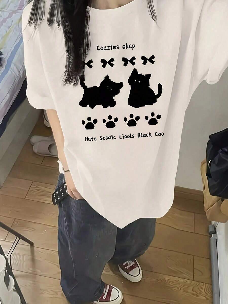 2026 Fashion Women's Casual Quality Cotton T-Shirt, Printed T-Shirts, Pure Cotton, Gray Short Sleeve T-Shirt For Women, New Popular Summer Fashion 2026, Versatile Top With Unique Design, Printed T-Shirt, Unisex Basic T-Shirt - 白色 - 查看 1