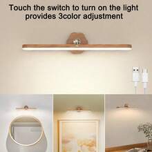1 pieza Luz de pared LED de 360° giratoria y regulable, luz nocturna recargable por USB-C con control táctil, tira de luz con montaje magnético en la pared, adecuada para espejo de vanidad, baño, dormitorio, mesita de noche, uso doméstico - Luz giratoria con vetas de madera - Ver 5