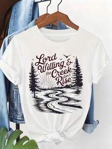 Camiseta Estampada para Mujer con Gráfico Natural y Texto - Camiseta Casual de Manga Corta y Cuello Redondo en Color Blanco, Con un Corte Relajado para Todas las Estaciones, Perfecta para el Uso Diario y Atuendos de Vacaciones (Lavable aáquina). - Blanco - Ver 1