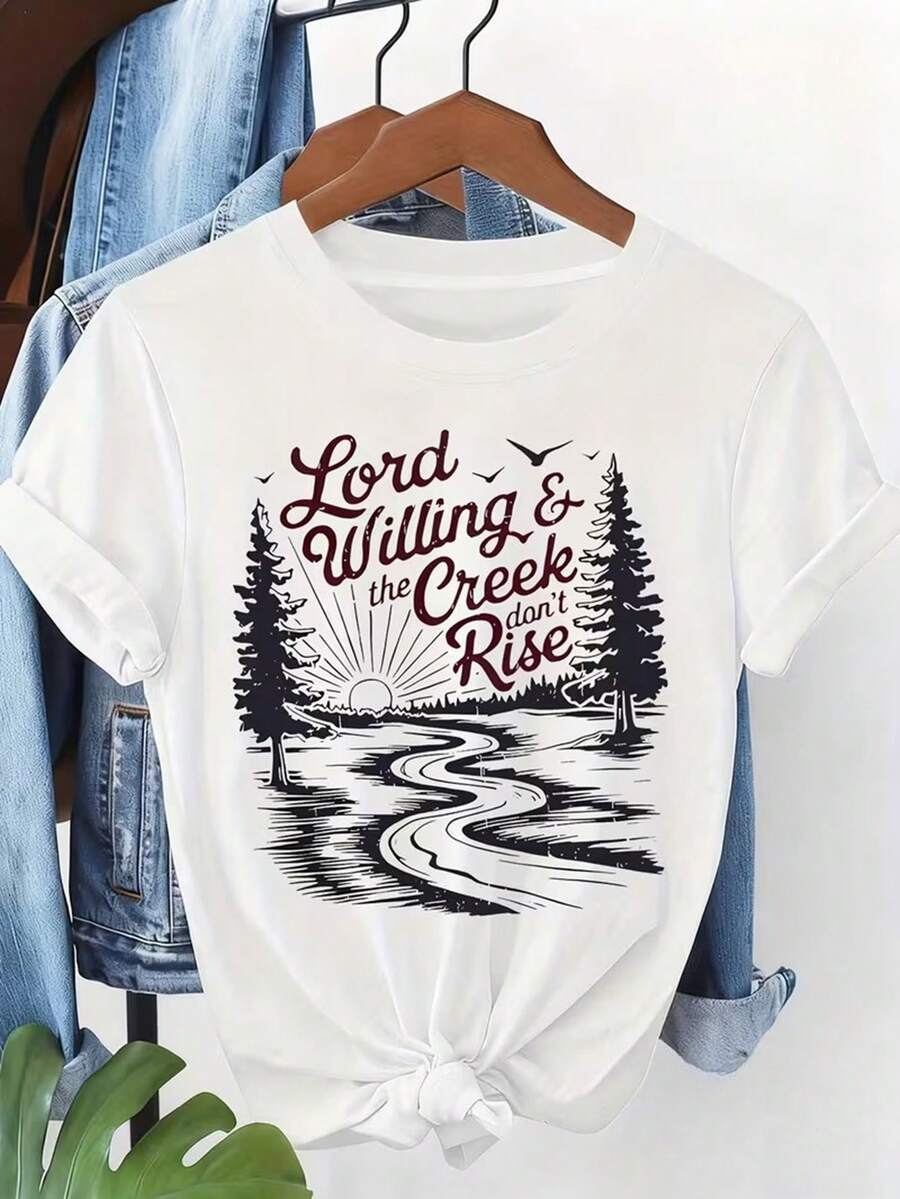 Camiseta Estampada para Mujer con Gráfico Natural y Texto - Camiseta Casual de Manga Corta y Cuello Redondo en Color Blanco, Con un Corte Relajado para Todas las Estaciones, Perfecta para el Uso Diario y Atuendos de Vacaciones (Lavable aáquina). - Blanco - Ver 1