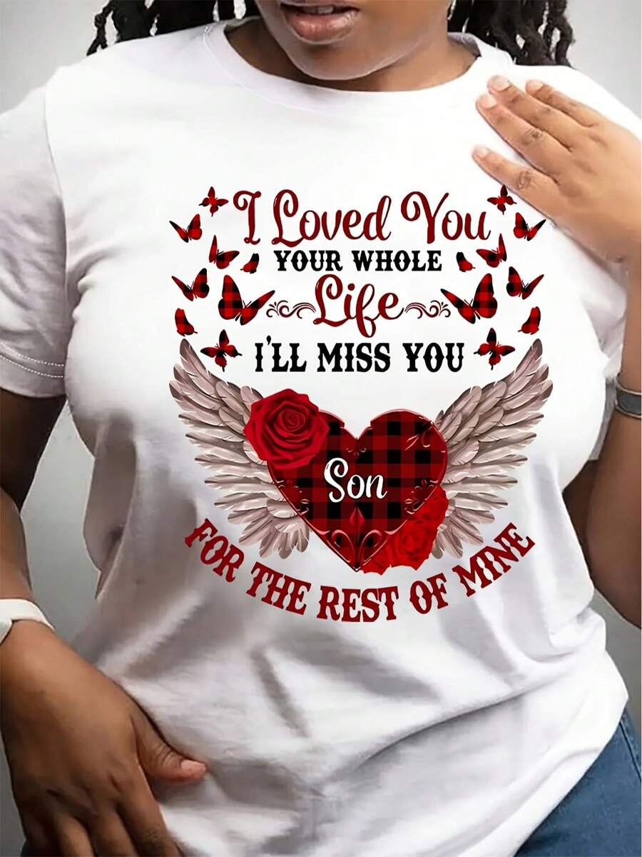 Camiseta Estampada para Mujer con Diseño de Corazón, Rosas y Mariposas - Camiseta Casual de Manga Corta y Cuello Redondo en Color Blanco. Con un Corte Relajado para Todas las Estaciones, Perfecta para el Uso Diario y tus Atuendos de Vacaciones (Lavable aáquina). Mensaje Emotivo que Añade un Toque Especial a tu Estilo. - Blanco - Ver 1