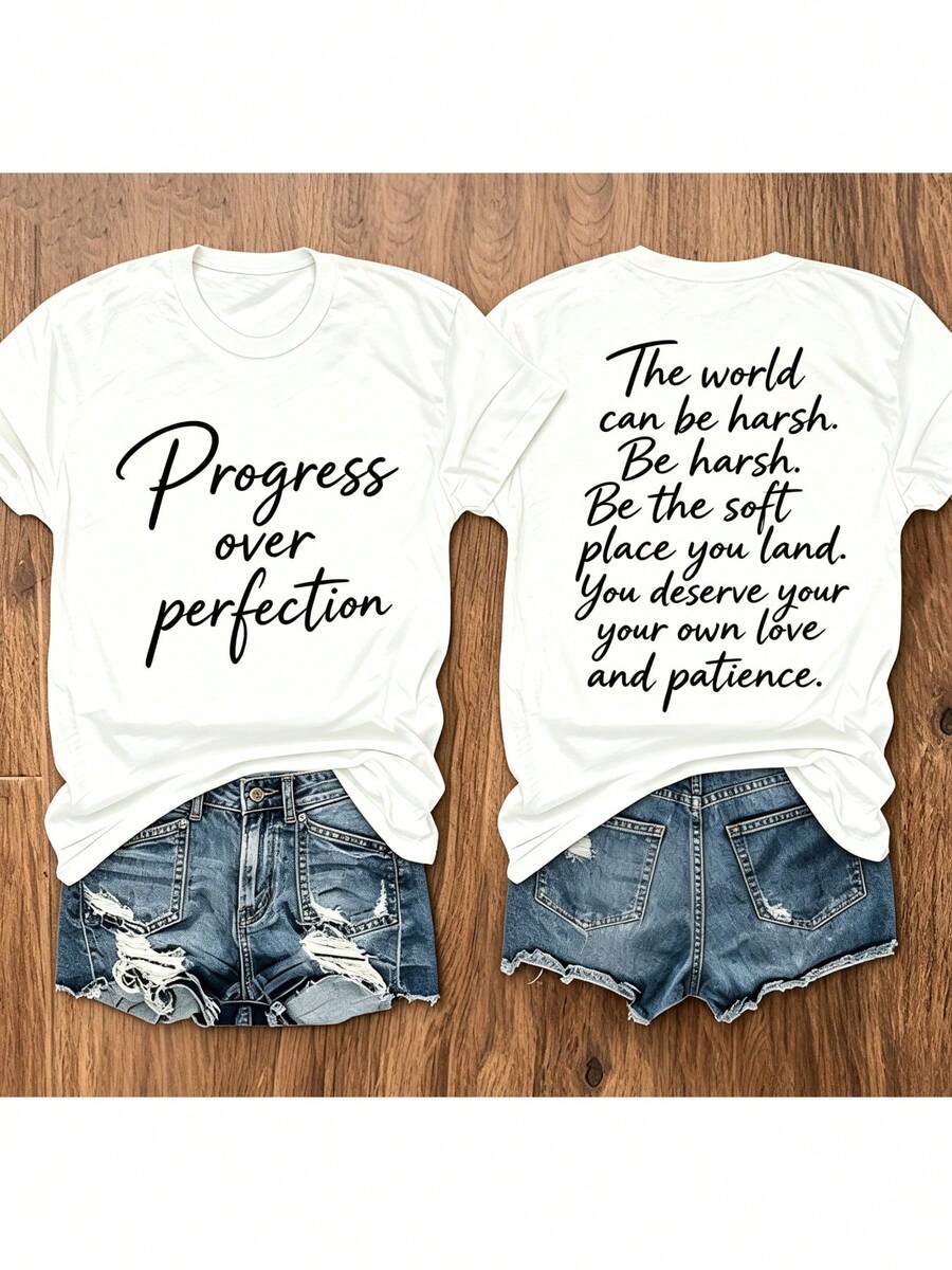 Women's Casual Sports T-Shirt, Short Sleeve, White With Black Cursive Text - Elastic Crew Neck T-Shirt, Machine Washable, Comfortable Fit And Perfect For All Seasons, For A Chic And Casual Look. - 白色 - 查看 1