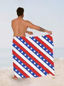 1pc American Independence Day Style Red White Blue Striped Print Beach Towel, Large Size Soft Absorbent Striped Beach Bath Towel, Suitable For Travel, Vacation, Sports, Bathroom, Pool And Camping, Strong Water Absorption - Multicolor - View 2