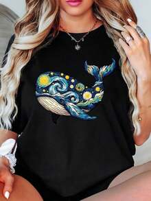 Camiseta de Mujer con Estampado Artístico de Ballena y Noche Estrellada, Ropa Casualblusa casual mujer - Negro - Ver 1