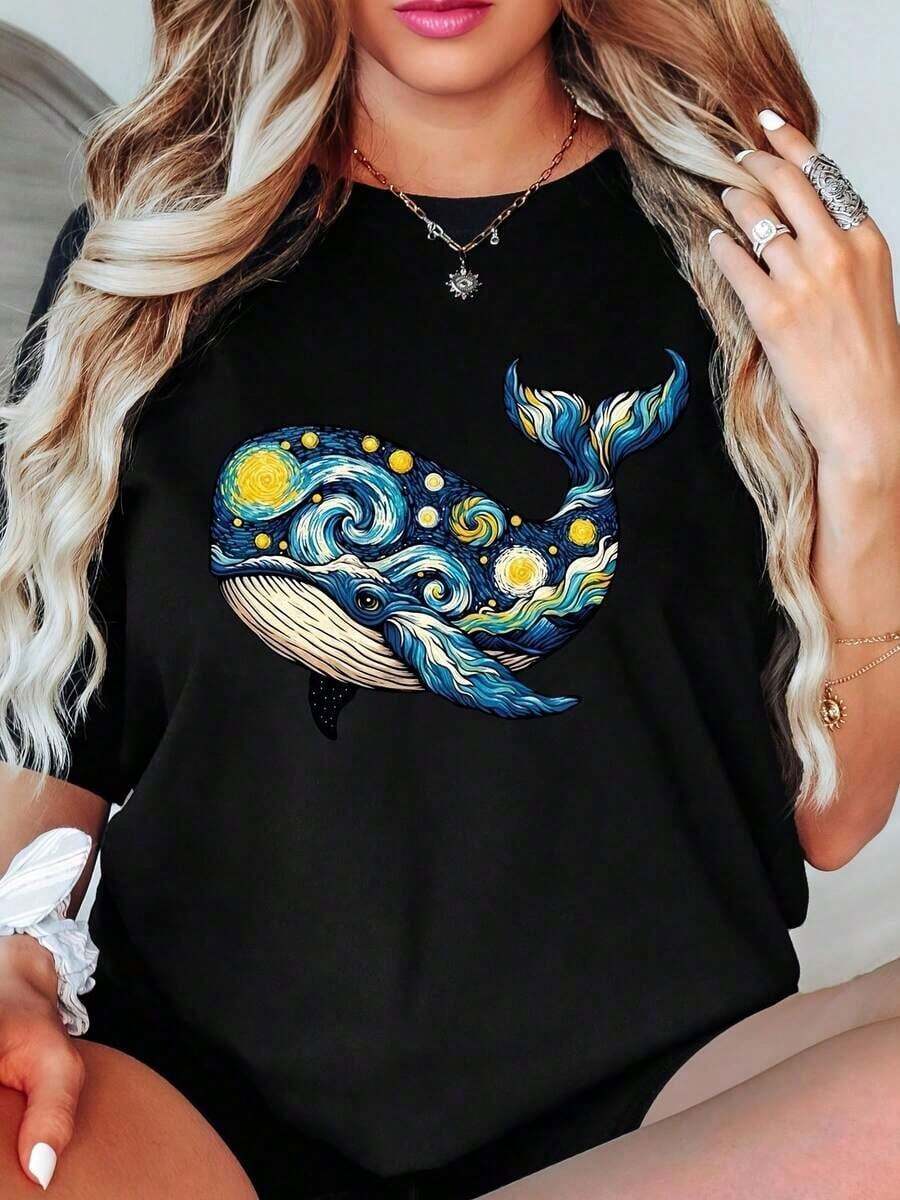 Camiseta de Mujer con Estampado Artístico de Ballena y Noche Estrellada, Ropa Casualblusa casual mujer - Negro - Ver 1