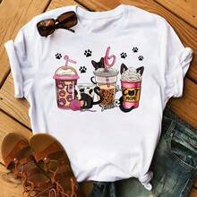 Women's T-Shirt With Watermelon And Coffee Print, 90s Style, Cute Short Sleeve T-Shirt, Women's Clothing, Streetwear With Graphic Design. - 白色 - 查看 1