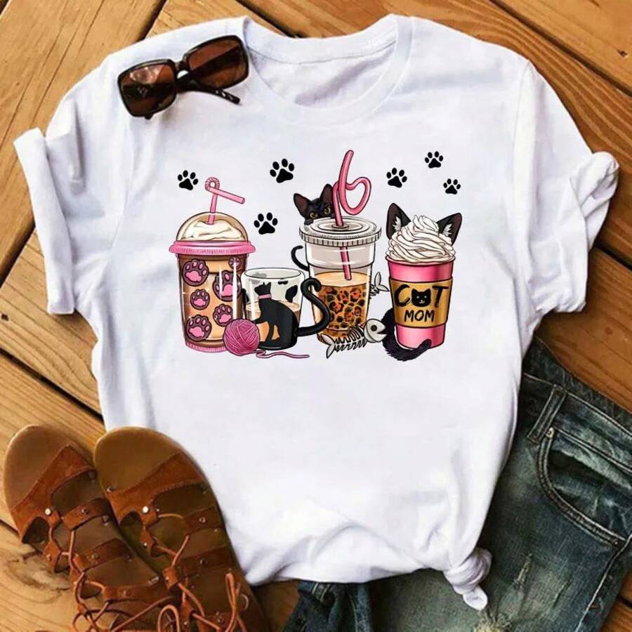 Women's T-Shirt With Watermelon And Coffee Print, 90s Style, Cute Short Sleeve T-Shirt, Women's Clothing, Streetwear With Graphic Design. - 白色 - 查看 1