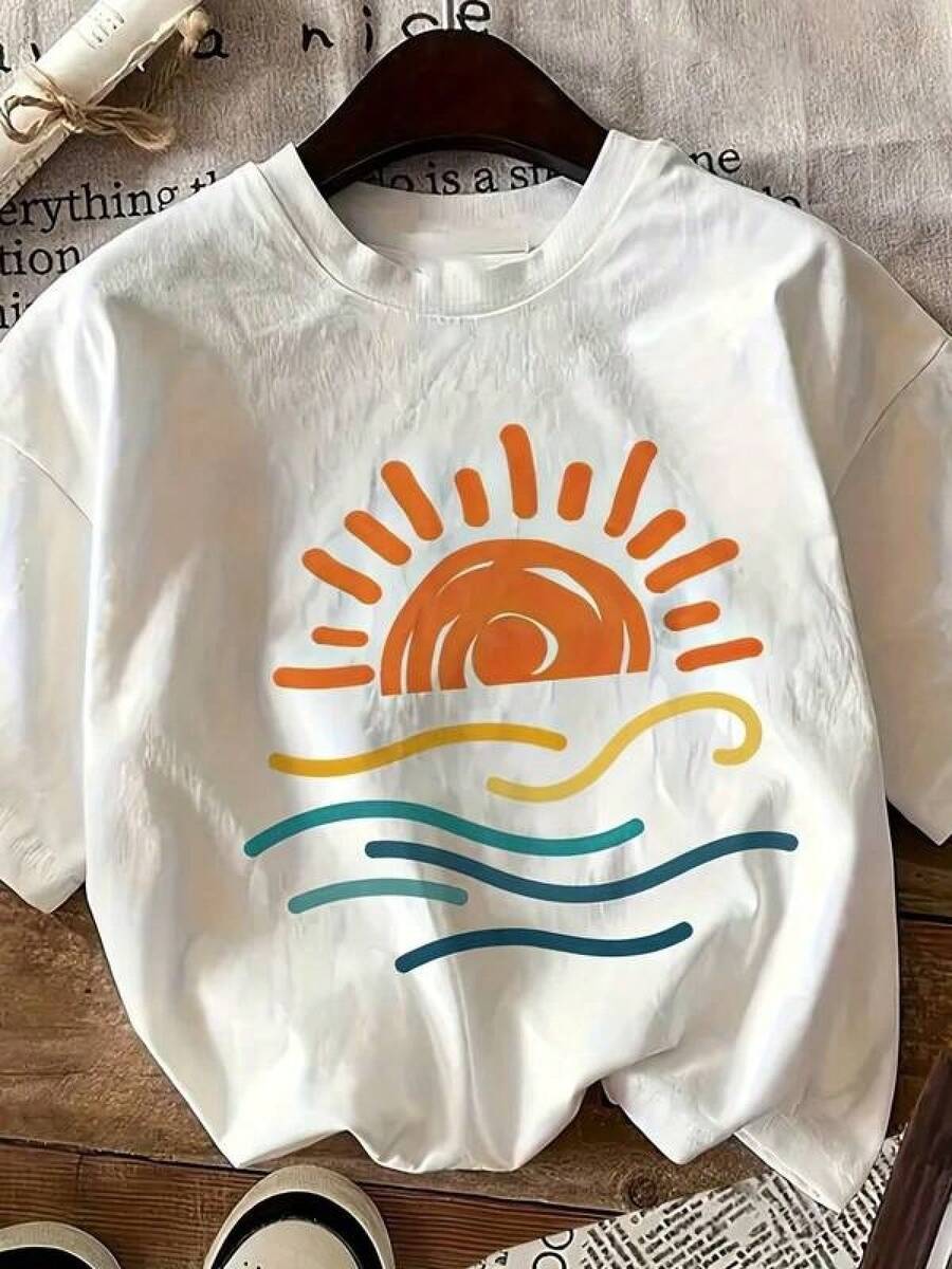Camiseta Deportiva Casual para Mujer con Diseño Gráfico de Olas del Sol - Camiseta de Algodón Atada, Elástica y de Cuello Redondo, Lavable aáquina, Ajuste Cómodo y Perfecta para Todas las Estaciones. - Blanco - Ver 1