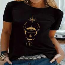 1 camiseta de manga corta con cuello redondo y estampado de luna y estrellas mágicas, Diseño celestial dorado, camiseta casual para todas las estaciones, ropa mágica con tema celestial, ajuste cómodo, 180G S-XXXL - Negro - Ver 1
