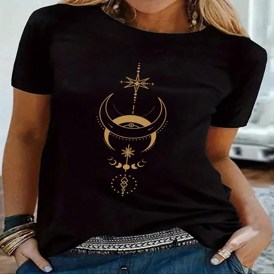 1 camiseta de manga corta con cuello redondo y estampado de luna y estrellas mágicas, Diseño celestial dorado, camiseta casual para todas las estaciones, ropa mágica con tema celestial, ajuste cómodo, 180G S-XXXL - Negro - Ver 1