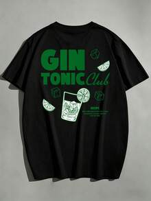 男士大尺碼寬鬆大號「GIN TONIC Club」調酒印花時尚休閒短袖T恤 | 精湛工藝 | 夏季必備單品 | 百搭易搭配，展現你的風格 - 黑色 - 查看 5