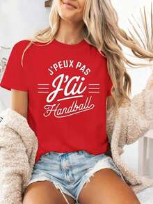 Women's T-Shirt With French Handball Theme Print - Comfortable Cotton T-Shirt With Round Neck, Featuring French Team Motifs And Handball Elements - Casual Wear For Fans, Women's Sportswear, Casual Blouses For Ladies. - 紅色的 - 查看 7