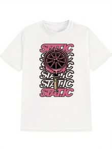 T-Shirt With Pink Car Wheel Hub Print And Gold Shock Absorber, Summer, Versatile, Sporty, Fashionable, Round Neck And Short Sleeve, Casual Top For Everyday Wear, Men's Clothing. - 白色 - 查看 8