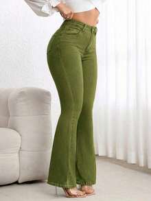 Jeans de pierna acampanada de corte slim casual para ir al trabajo - Verde - Ver 3