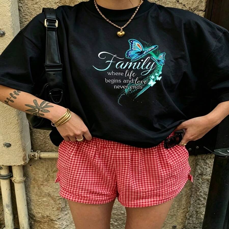 Heartfelt Daily Casual Graphic T-Shirt 100% Cotton Oversized Soft Breathable Casual Crewneck Short Sleeve Top Aesthetic Vintage Cute Retro Vibe  Basic Casual Wearers Fashion Lovers Daily Outfit Enthusiasts Gift Givers - 黑色 - 查看 1